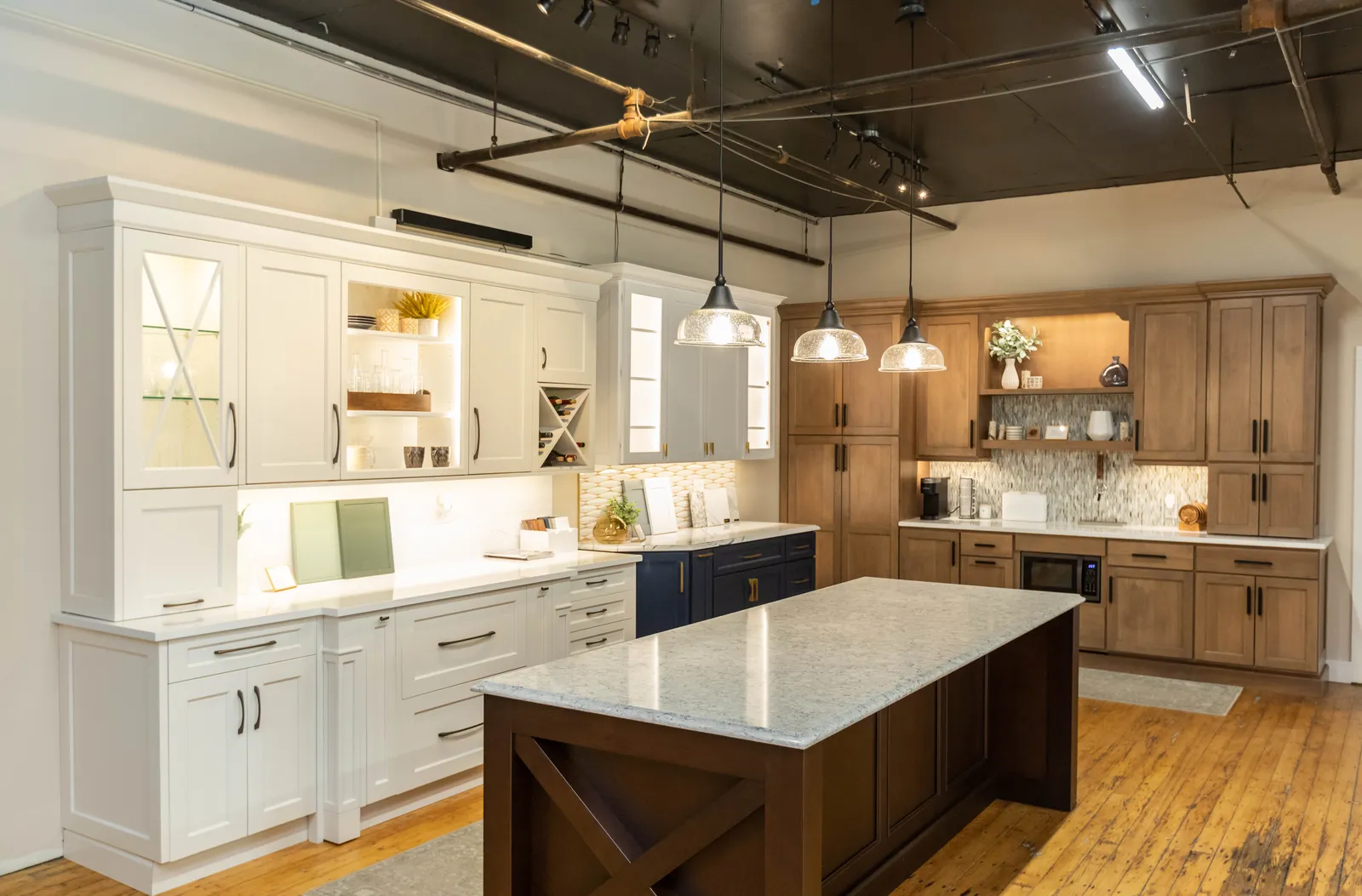 White, navy, and natural wood kitchen display