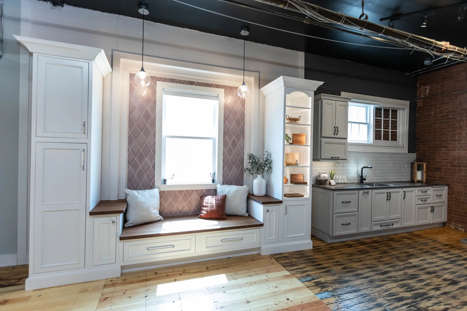 Custom window seat with built-in cabinetry